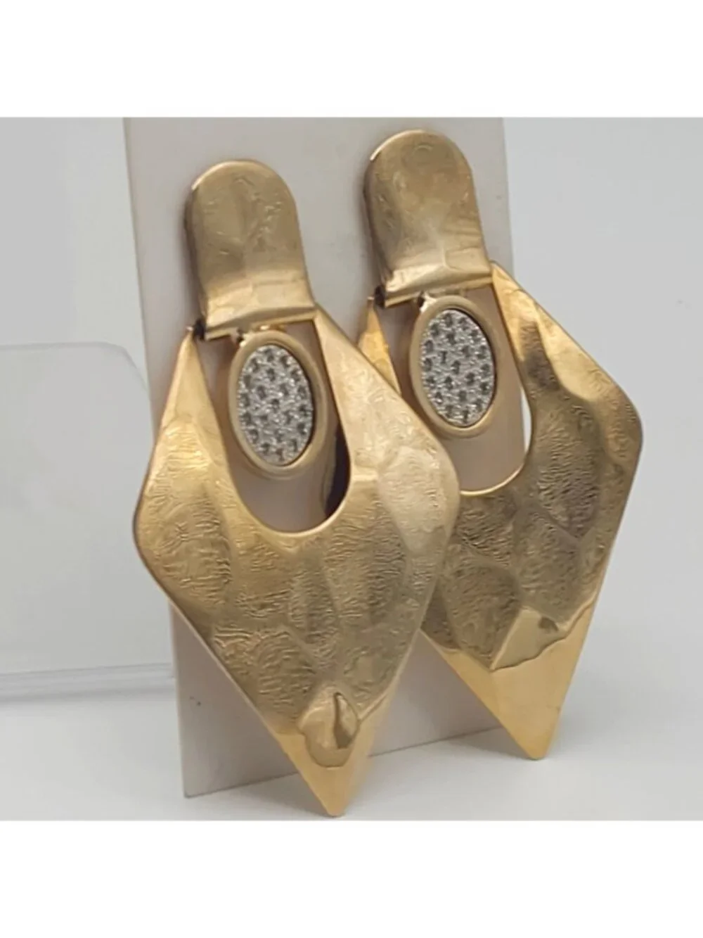 Vintage Hammered Gold Tone Geometric Diamond Dangle Drop Earrings Pave Rhineston